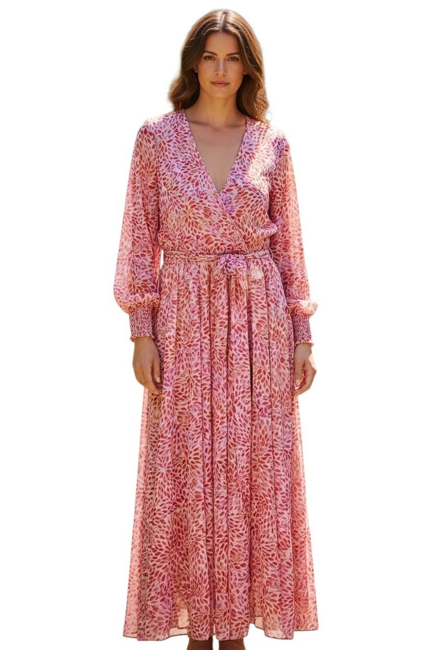 ALEXA B Women's 14 Maxi Dress Chiffon Orange Pink Leaves Tie Belt Long Sleeve 40
